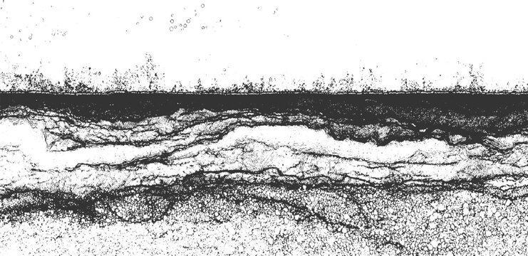 Stark monochrome abstract depicting a cross-section of layered earth with granular textures and fractured lines creating a sense of depth and decay