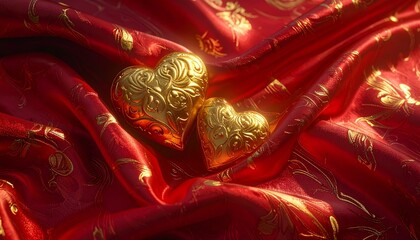 DESIGN of gold heart patterns embossed on dark red silk texture, premium festive romance, luxury Valentine background, cinematic shadows, HD realism