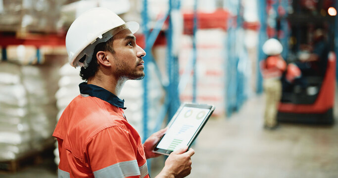 Logistics, tablet and chart with man in warehouse for inspection graph cargo storage or freight. Supply chain inventory, distribution data and online export report with employee in factory for review - Powered by Adobe