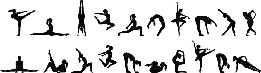 Dancer and gymnast silhouettes set performing energetic poses, flexibility balance strength isolated on white background, fitness sport illustration stock