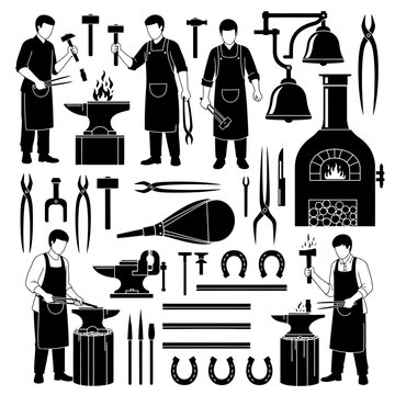 Stunning collection of professional blacksmith silhouettes showcasing forging tools, anvils, furnaces, and skilled artisans at work