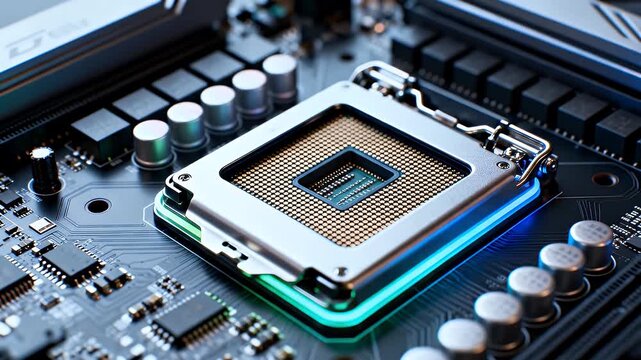 Detailed close-up of an empty CPU socket on a modern computer motherboard, showcasing intricate electronic components and circuitry.