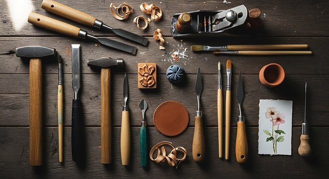 Woodworking Tools Arrangement - Craftsmanship and Precision in a Workshop Setting. - Powered by Adobe