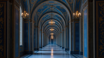 Fototapeta premium Opulent Palace Hallway with Ornate Arches and Gold Chandeliers in Luxury Historic Interior