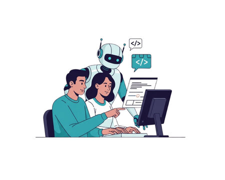 Diverse developers coding with AI robot assistant. Programmers writing software code on computer with cyborg help. Web development, programming and technology vector illustration.