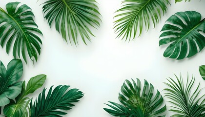 Set of green monstera, palm, and tropical plant leaves isolated on white background with clipping path