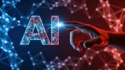 Human Hand Touching Glowing AI Chip in Futuristic Digital Network with Circuit Board Hologram