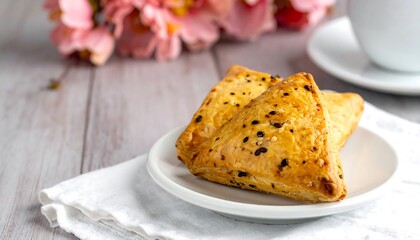 Delicious Chocolate Chip Turnovers on a White Plate with Flowers.