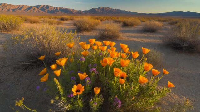 Amazing desert superbloom featuring vibrant orange poppies and purple flowers carpeting the arid ground with dry bushes and majestic mountains in warm evening light