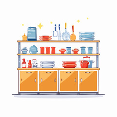 Kitchen storage shelves with various dishes and utensils neatly organized on wooden cabinets