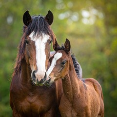 Obraz premium A tender moment - Mother horse and foal sharing a loving embrace in a sunlit pasture.