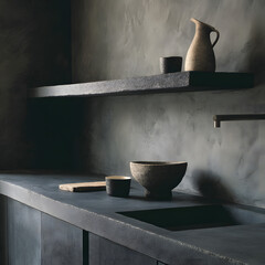Rustic Ceramic Kitchenware Still Life on Dark Stone Countertop