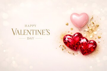 Luxury romantic background with faceted red hearts gold glitter and ribbon