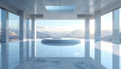 Modern, bright interior with marble floors overlooking a mountain range