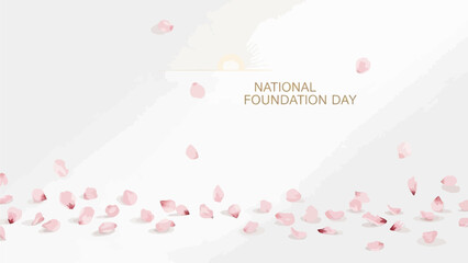 A minimalist design featuring scattered pink cherry blossom petals and the text 'National Foundation Day' in gold on a white background with a subtle gradient.