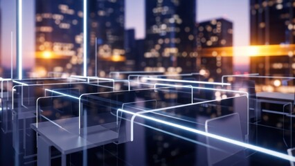 Abstract futuristic city grid with glowing lines and blurred background