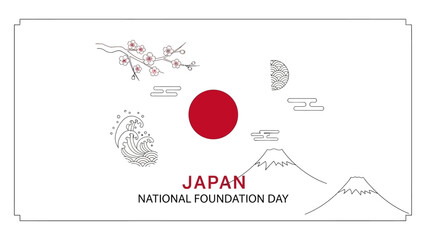 Flat design illustration of Japan National Foundation Day with iconic symbols and landmarks on a white background.