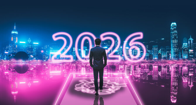 New Year 2026 Business man with metaverse neon city technology background