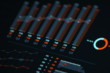 Professional business dashboard featuring 3D bar graphs, quarterly data line charts, and a progress donut chart in cyan and orange tones on a dark high-tech interface.