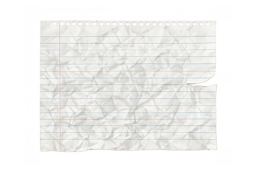 Crumpled lined notebook paper with torn edge and punched holes, empty textured white sheet on transparent background