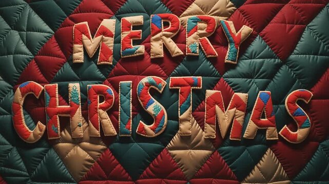 Cozy Merry Christmas greeting card background with stuffed quilted letters on a festive padded fabric texture of red green and gold diamonds