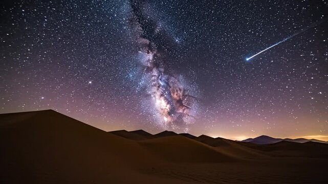 Cinematic night view of a starry sky over the Merzouga desert dunes and silhouetted mountain landscape in Morocco, featuring glittering celestial stars and deep cosmic shadows in slow motion.