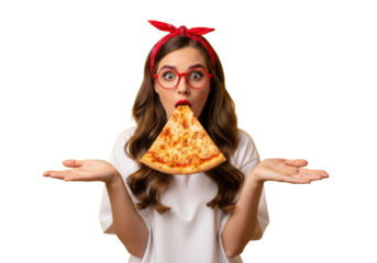 Young caucasian woman, wavy brown hair, red glasses, white t-shirt, holds golden cheese pizza to open mouth, hands open in disbelief, on bright yellow studio background. Playful food surprise concept