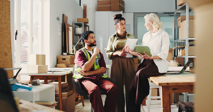 Tablet, supply chain and meeting with people in office for delivery, retail update or shipping. Tech, management and small business owner with employees for package, distribution and stock logistics
