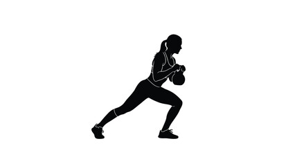 Obraz premium Silhouette of a fit woman doing a split squat exercise with a kettlebell white on whit background