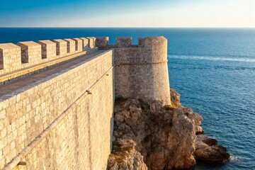 Ancient stone fortress wall overlooking the sea at sunset