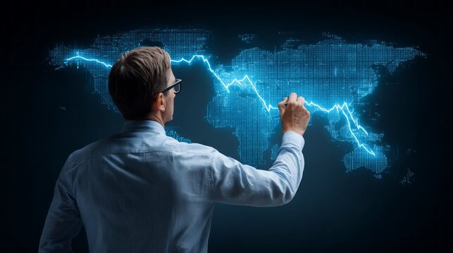 Focused businessman in formal attire analyzes fluctuating data trends displayed on a glowing digital world map. The scene evokes a sense of innovation and strategic insight - Powered by Adobe