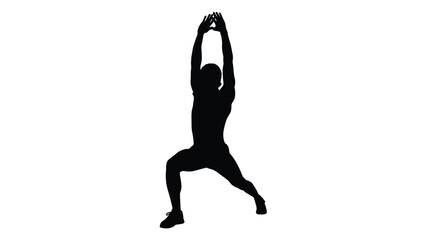 Black silhouette of a person in a yoga pose with arms raised white with fitness on whit background