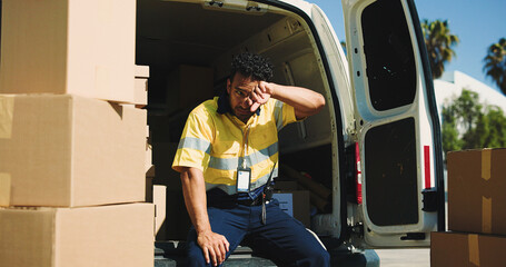 Fatigue, boxes and van with delivery man outdoor for late shipment, stress and distribution backlog. Exhausted, supply chain crisis and tired with person and courier vehicle for logistics error