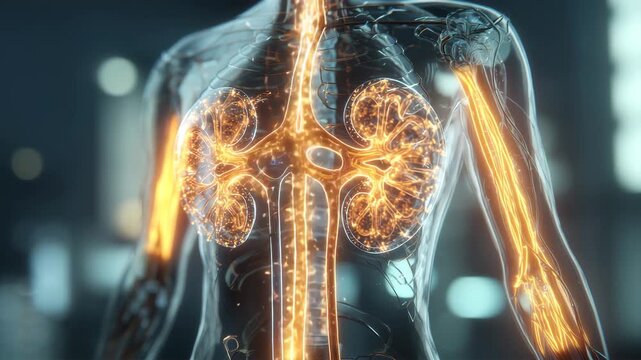 発光する腎臓が強調された人体図の医学イメージ