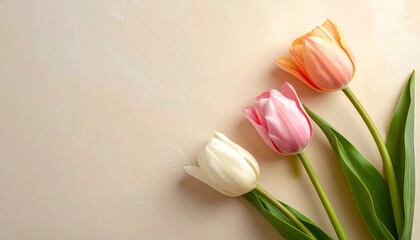 Three tulips in pastel hues on a textured surface, angled from bottom left to top right