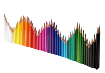 Brightly colored, sharpened pencils forming an undulating wave with a full color gradient against a transparent background, studio shot, concept of artistic tools and vibrant creativity