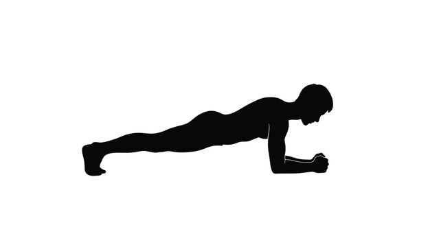 Man doing plank exercise in black silhouette white with fitness and workout on whit background