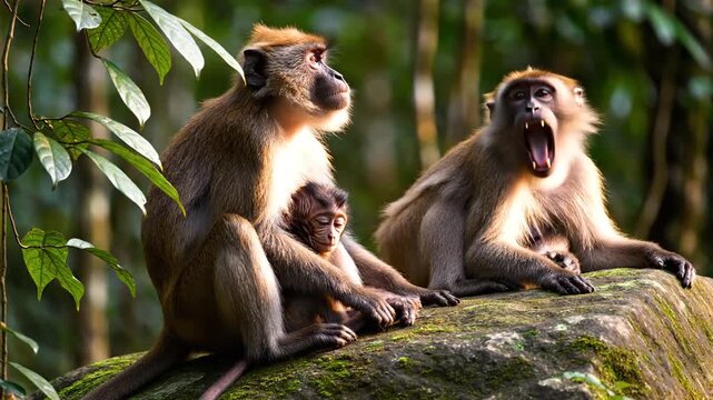 Cinematic footage of a family of toque macaque relaxing on a large rock in the Sri Lanka jungle habitat featuring endemic wild primate and monkey species sitting together in tropical nature.