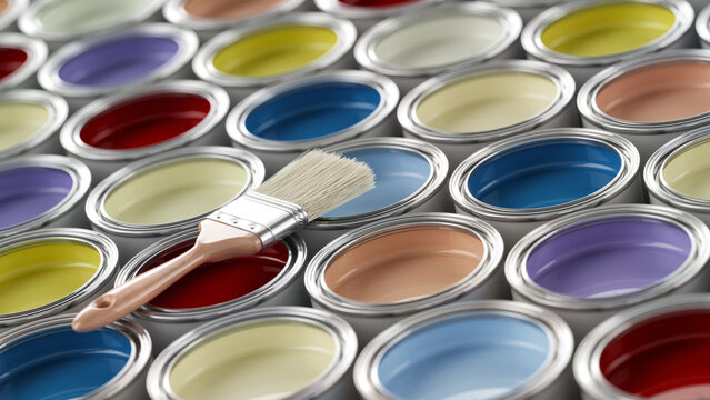 Color paint cans and brush - 3d rendering