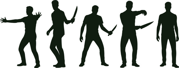 Dangerous man silhouettes holding knives set illustrating threat, violence, crime and self defense concept, aggressive poses, security risk vector isolated on white background