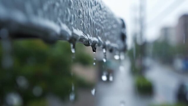 Close-up of raindrops falling from a gray gutter against a blurred background of a wet street and green trees on a rainy day with a shallow depth of field.