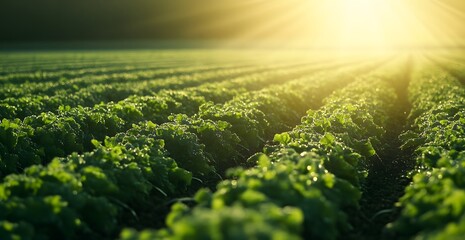 Vibrant green fields bathed in golden sunlight