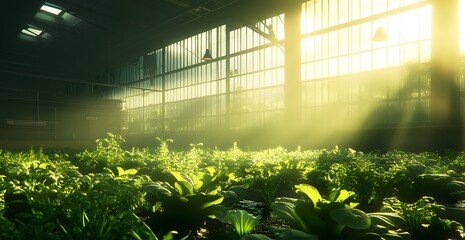 Sunlit greenhouse with lush vegetation