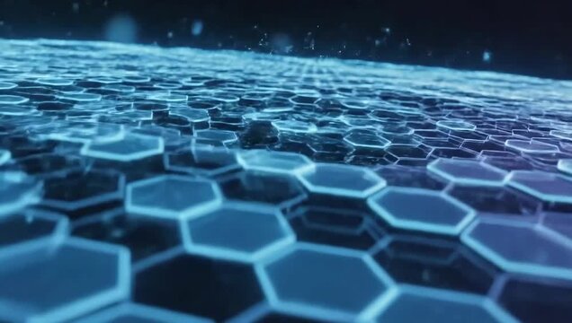 Glowing Blue Hexagonal Patterns on Dark Background with Sparkling Particles