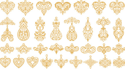 Golden ornamental decorative motif and heart symbol set, luxury vintage scroll elements, elegant floral vector illustration © Sree