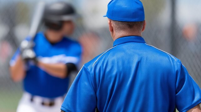 A focused baseball player stands ready with his bat, eyes on the pitcher, while the umpire watches intently from behind. The scene captures the anticipation and excitement of the game
