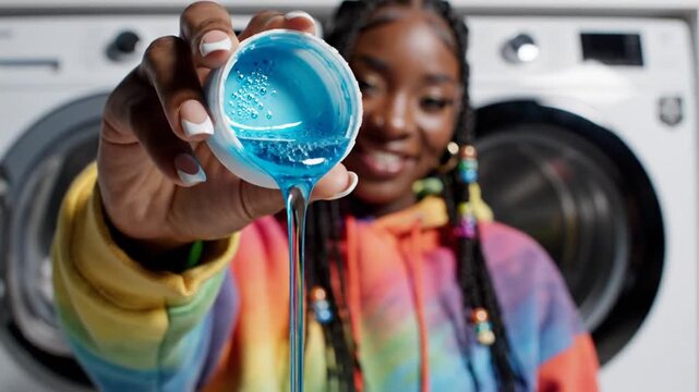Cinematic slow motion of a trendy young Gen-Z woman holding a measuring cap filled with blue liquid detergent while standing in front of a modern household washing machine in a bright laundry room.