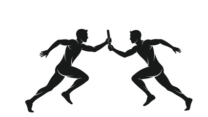 Fototapeta premium Two athletes running and passing a baton in a relay race white with track and field on whit background