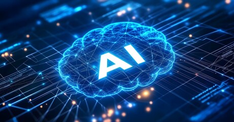 Illuminated artificial intelligence symbol on digital circuit board