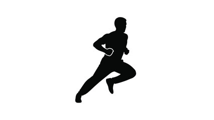 A black silhouette of a person running quickly a white with fitness and exercise on whit background